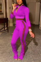 Purple Fashion Casual Long Sleeve Turndown Collar Regular Sleeve Short Patchwork Two Pieces