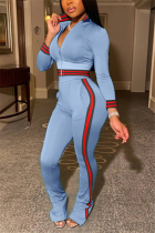 Light Blue Fashion Casual Long Sleeve Turndown Collar Regular Sleeve Short Patchwork Two Pieces