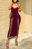 Wine Red Fashion Sexy Off The Shoulder Sleeveless Spaghetti Strap Sling Dress Ankle Length Solid Dresses