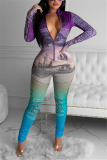 purple Fashion Casual Adult Print Patchwork O Neck Skinny Jumpsuits