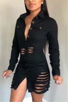 Black Fashion Sexy Regular Sleeve Long Sleeve Turndown Collar Denim Dress Mini Solid Dresses