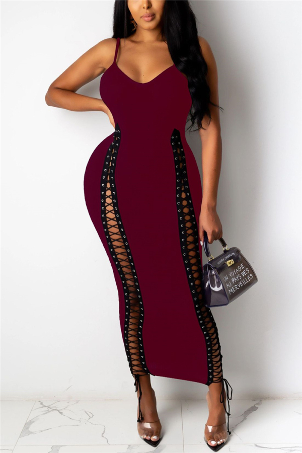 Wine Red Fashion Sexy Off The Shoulder Sleeveless Spaghetti Strap Sling Dress Ankle Length Solid Dresses