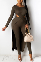Coffee Fashion Sexy Long Sleeve O Neck Regular Sleeve Longer In The Rear Solid Two Pieces