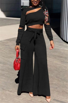 Black Fashion Sexy Long Sleeve O Neck Regular Sleeve Short Solid Two Pieces