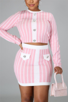 Pink Fashion Sexy Long Sleeve O Neck Regular Sleeve Short Print Two Pieces