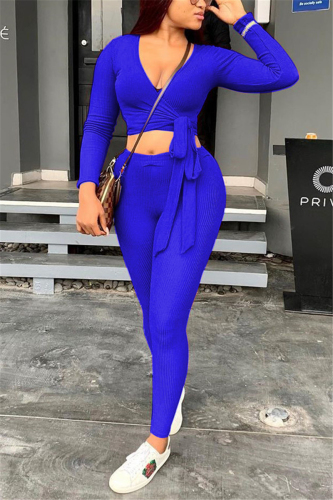 Blue Casual Knitting Patchwork Solid Patchwork Pullovers Pants Knotted V Neck Long Sleeve Regular Sleeve Short Two Pieces