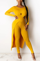 Yellow Fashion Sexy Long Sleeve O Neck Regular Sleeve Longer In The Rear Solid Two Pieces