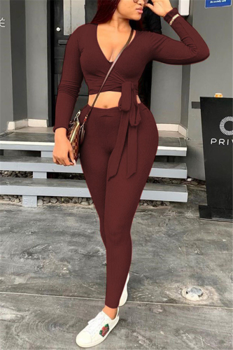 Coffee Casual Knitting Patchwork Solid Patchwork Pullovers Pants Knotted V Neck Long Sleeve Regular Sleeve Short Two Pieces
