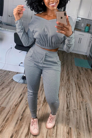 Dark Gray Casual Street Sportswear Living Blends Patchwork Solid Patchwork Pocket Pullovers Pants V Neck Long Sleeve Regular Sleeve Short Two Pieces