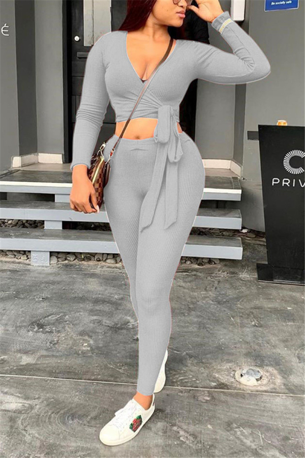 Grey Casual Knitting Patchwork Solid Patchwork Pullovers Pants Knotted V Neck Long Sleeve Regular Sleeve Short Two Pieces