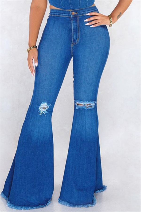 Color blue Sexy Solid Ripped High Waist Boot Cut Denim