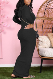Pink Casual Solid Draw String Frenulum Hooded Collar Pencil Skirt Dresses