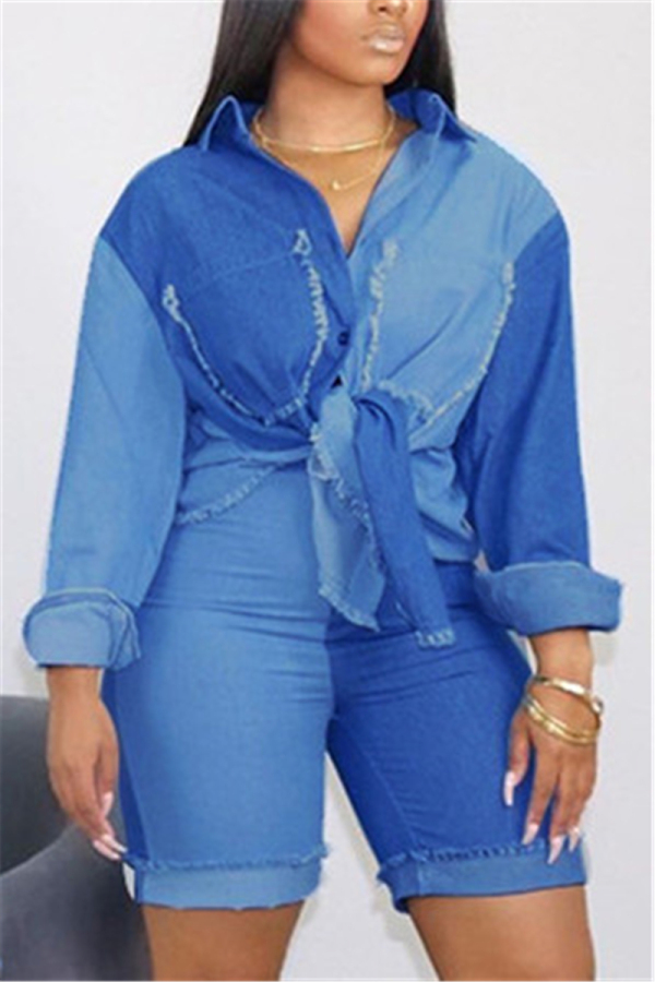 Blue Fashion Casual Street Vintage Denim Patchwork Ripped Patchwork Pocket Buckle Cardigan Capris Turndown Collar Long Sleeve Regular Sleeve Regular Two Pieces