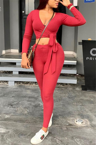 Red Casual Knitting Patchwork Solid Patchwork Pullovers Pants Knotted V Neck Long Sleeve Regular Sleeve Short Two Pieces