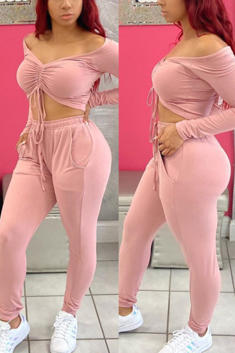 Pink Fashion Casual Adult Solid Draw String Bateau Neck Long Sleeve Off The Shoulder Short Two Pieces