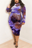 Purple Fashion Casual Plus Size O Neck Long Sleeve Regular Sleeve Print Tie Dye Printed Dress