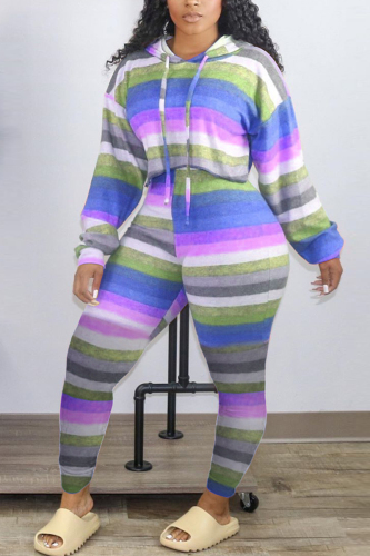 Blue Casual Striped Print Patchwork Draw String Hooded Collar Long Sleeve Two Pieces