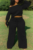 Black Fashion Casual Oblique Collar Long Sleeve Regular Sleeve Solid Plus Size Set