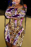 Leopard Fashion Sexy Off The Shoulder Long Sleeve Bateau Neck Printed Dress Mini Print Dresses