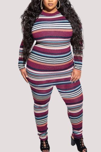 Striped Fashion Casual O Neck Long Sleeve Regular Sleeve Striped Print Plus Size Set