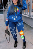 Royal blue Fashion Casual Print Patchwork Hooded Collar Long Sleeve Regular Sleeve Regular Two Pieces