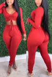 Red Fashion Casual Adult Solid Draw String Bateau Neck Long Sleeve Off The Shoulder Short Two Pieces