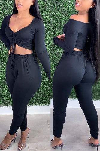 Black Fashion Casual Adult Solid Draw String Bateau Neck Long Sleeve Off The Shoulder Short Two Pieces