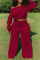 Wine Red Fashion Casual Oblique Collar Long Sleeve Regular Sleeve Solid Plus Size Set