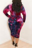 Wine Red Fashion Casual Plus Size O Neck Long Sleeve Regular Sleeve Print Tie Dye Printed Dress