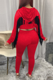 Red Fashion Sexy Adult Patchwork Solid Tassel Patchwork Hooded Collar Long Sleeve Regular Sleeve Short Two Pieces