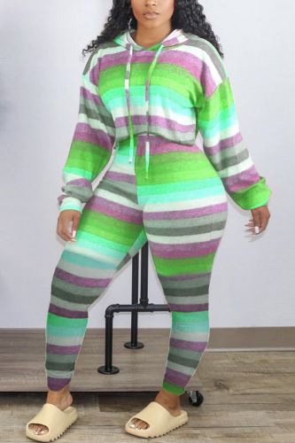 Green Casual Striped Print Patchwork Draw String Hooded Collar Long Sleeve Two Pieces