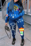 Colorful blue Fashion Casual Print Patchwork Hooded Collar Long Sleeve Regular Sleeve Regular Two Pieces