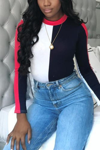 Red Street Solid Patchwork O Neck Tops