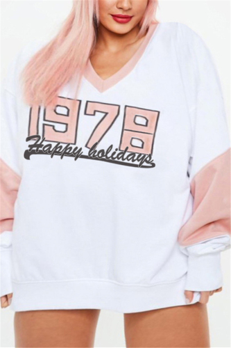 White Fashion Casual V Neck Long Sleeve Regular Sleeve Print Plus Size Tops