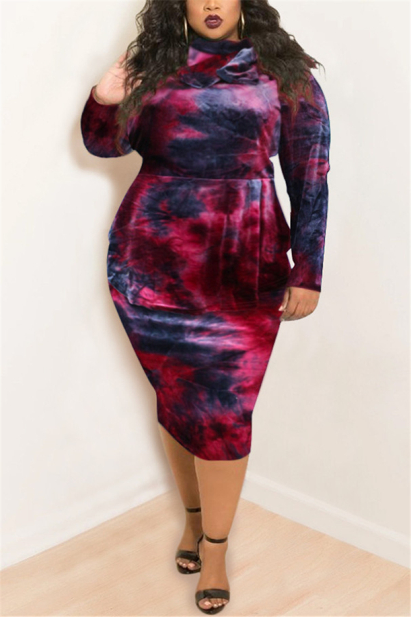 Wine Red Fashion Casual Plus Size O Neck Long Sleeve Regular Sleeve Print Tie Dye Printed Dress