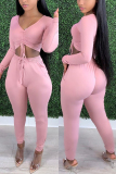 Pink Fashion Casual Adult Solid Draw String Bateau Neck Long Sleeve Off The Shoulder Short Two Pieces