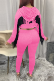 Pink Fashion Sexy Adult Patchwork Solid Tassel Patchwork Hooded Collar Long Sleeve Regular Sleeve Short Two Pieces