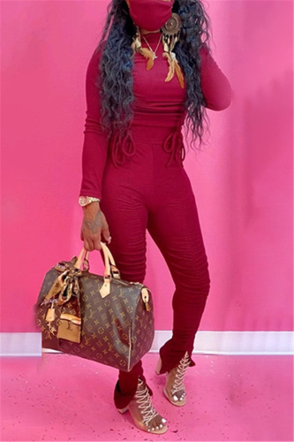 Wine Red Sexy Casual Blends Solid Draw String Slit Fold Half A Turtleneck Long Sleeve Regular Sleeve Short Two Pieces