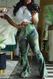 Army Green Sexy Camouflage Print Ripped Fold Straight Bottoms