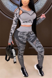 Orange Fashion Sexy Casual Spandex Fiber Patchwork Print Pierced Camouflage Print Hollowed Out Patchwork Capris O Neck Long Sleeve Regular Sleeve Short Two Pieces