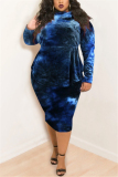 Blue Fashion Casual Plus Size O Neck Long Sleeve Regular Sleeve Print Tie Dye Printed Dress