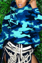 Blue Fashion Casual Hooded Collar Long Sleeve Regular Sleeve Regular Camouflage Print Tops
