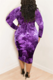 Purple Fashion Casual Plus Size O Neck Long Sleeve Regular Sleeve Print Tie Dye Printed Dress