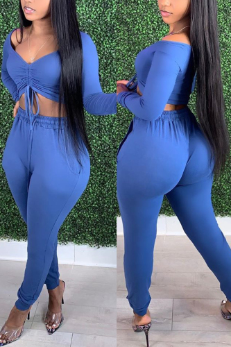 Blue Fashion Casual Adult Solid Draw String Bateau Neck Long Sleeve Off The Shoulder Short Two Pieces