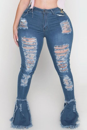 Dark Blue Sexy Denim Solid Ripped Plus Size 