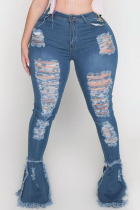 Blue Fashion Casual Solid Plus Size Mid Waist Broken Hole Jeans