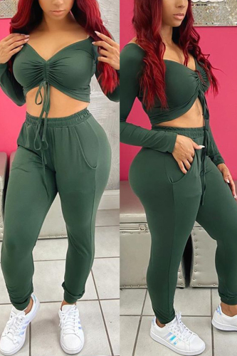 Green Fashion Casual Adult Solid Draw String Bateau Neck Long Sleeve Off The Shoulder Short Two Pieces