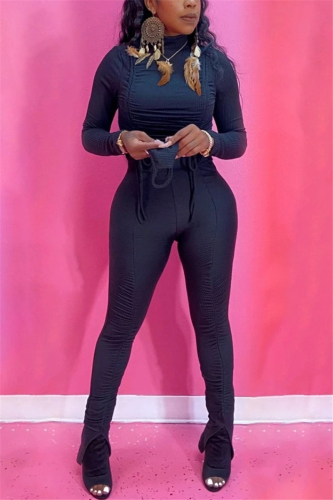 Black Sexy Casual Blends Solid Draw String Slit Fold Half A Turtleneck Long Sleeve Regular Sleeve Short Two Pieces