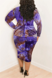 Blue Fashion Casual Plus Size O Neck Long Sleeve Regular Sleeve Print Tie Dye Printed Dress