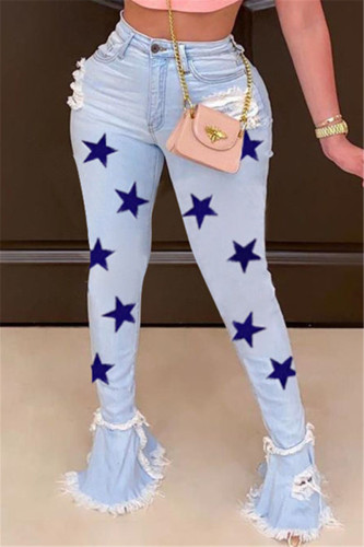 Blue Street Print Buttons Mid Waist Boot Cut Denim